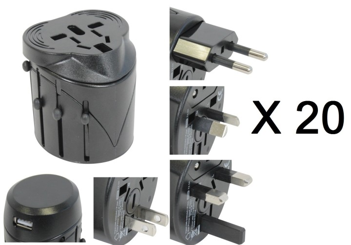 20 X Adaptador conector electrico 150 paises con puerto usb viaje europa usa inglaterra uk australia jr international - 1