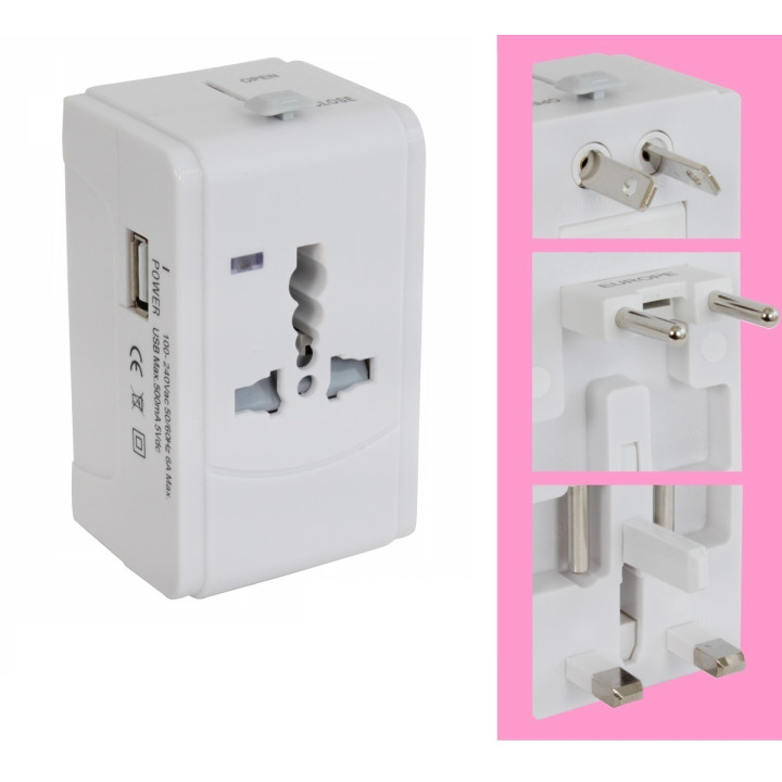 Adaptador conector electrico 150 paises con puerto usb viaje europa usa inglaterra uk australia jr international - 1
