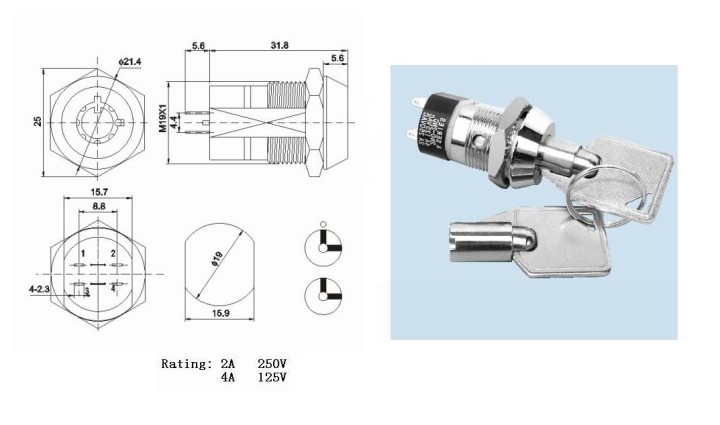 Keyswitch electric on off keyswitch with 4 pin, 5 keys with the same code 3333 1206 1209 jr international - 1