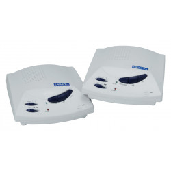White hands free 3 channel wireless intercom with volume control and channel selector. sold in pairs