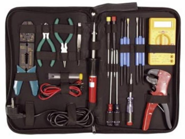 Tool kit (19 pcs) soldering iron cutting pliers to crimp to strip multimeter screwdriver tester velleman - 1