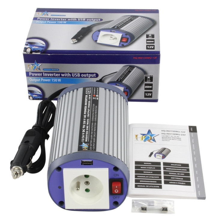 Convertitore 12v 220v 150w + USB con perno di massa 230v 240v hq-INV150wu12f hq - 1