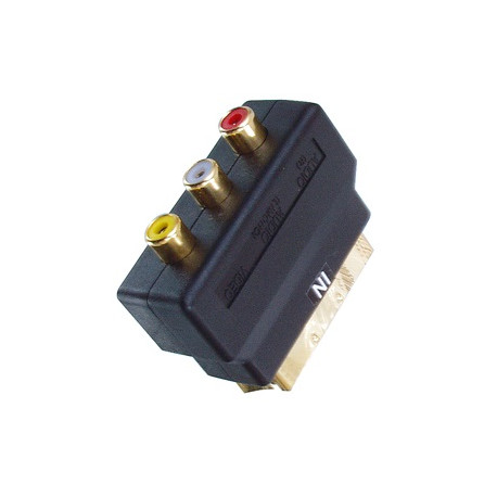 Scart adapter stecker 3 cinch-audio-oder video in furnierte scart 50g  schwarzes kunststoffgehäuse
