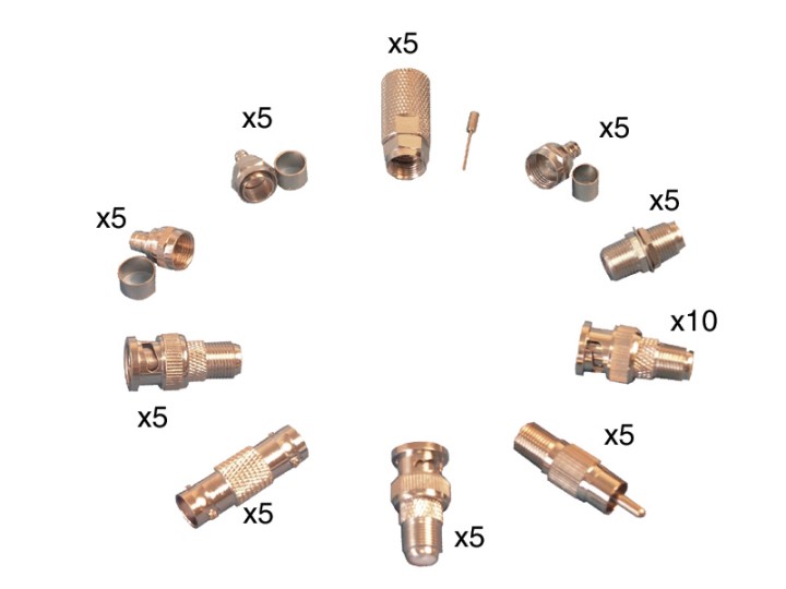 Pack 55 connettori tipo f bnc rca adattatori 5 f5 5 f6 5 f7 5 f10 5 cf05 20 fbnc 5 bncff 5 rcaff jr international - 1