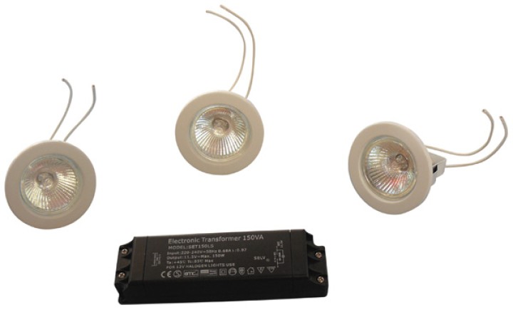 3 low tension spot lightings. recessed. fixed + 3 dichroic bulbs mr16 d50v + transformer 220 12v jr international - 1