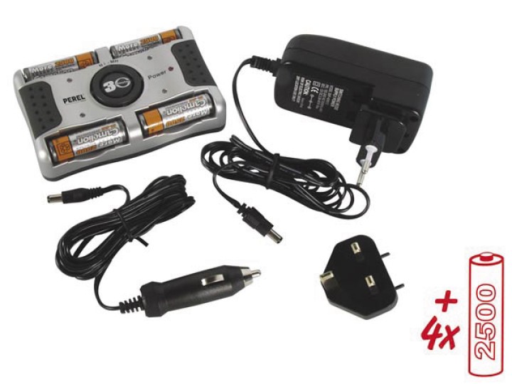 Ultrafast ni mh charger for aa, aaa batteries, 4 ni mh aa 2500mah batteries included perel - 1