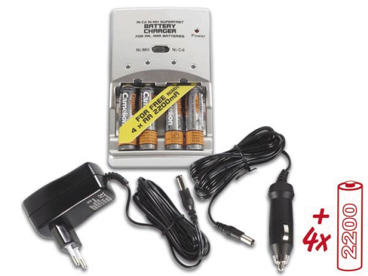 Ni mh superfast, charger for aa, aaa batteries, 4 ni mh aa 2200mah batteries included perel - 1