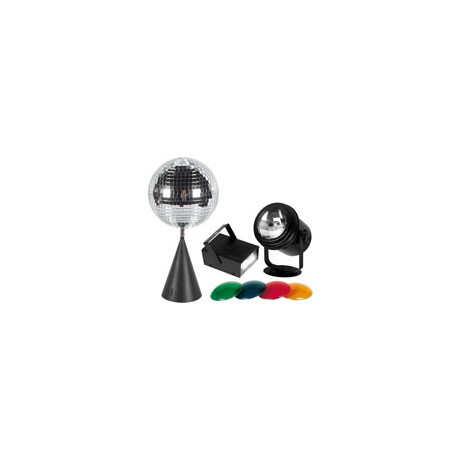Juego de iluminación disco foco par36, 4 filtros de color, bola de espejos (ø 20cm) con motor, estroboscopio 20w velleman - 1