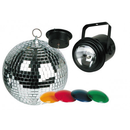 Juego de iluminación disco foco par36, 4 filtros de color, bola de espejos ø 20cm con motor velleman - 1