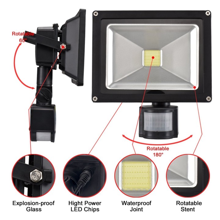 Projecteur etanche a led spot smd 30w radar détecteur présence 220v lumière extérieur eclats antivols - 2
