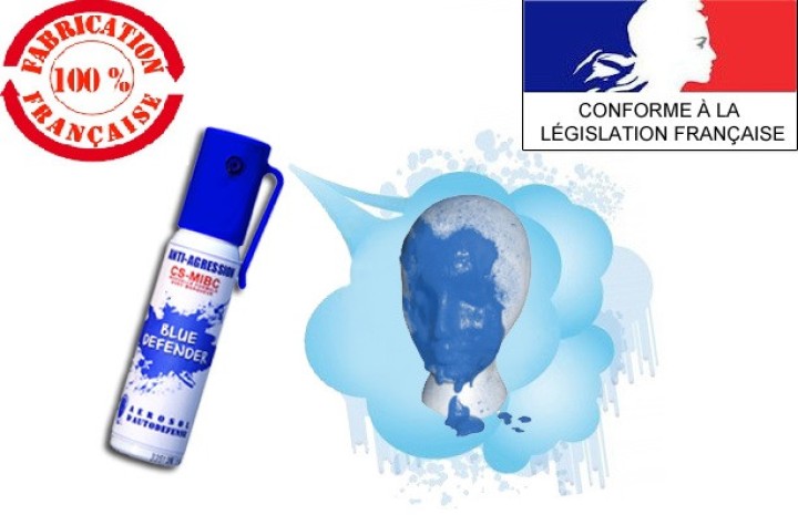 Aérosol défense blue defender gaz cs bleu 2% 25ml spray paralysant bombe lagrymogene
