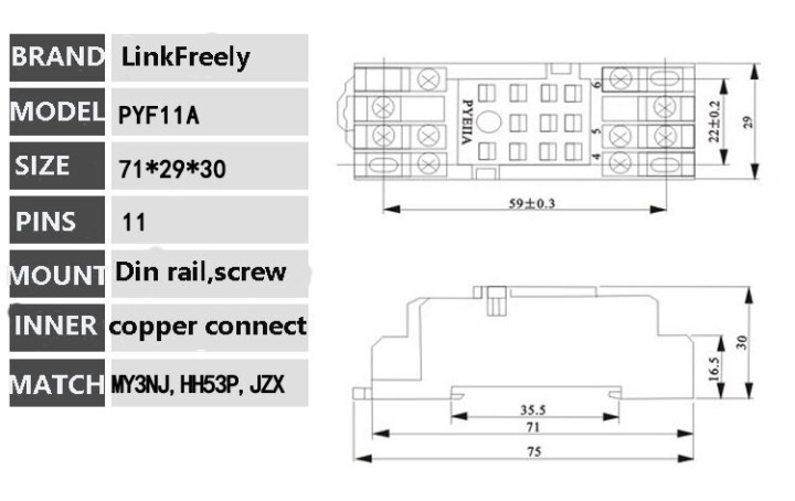 Support relais 11 pins PYF11A pour relais MY3 MY3NJ MY3N-J HH53P HH53P-L H3Y-3