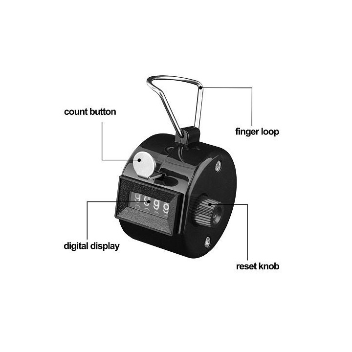 Black Heavy Duty Metal 4 Digit (0000 to 9999) Manual Handheld Tally Mechanical Click Counter/Tracker with Finger Ring, Resettabl