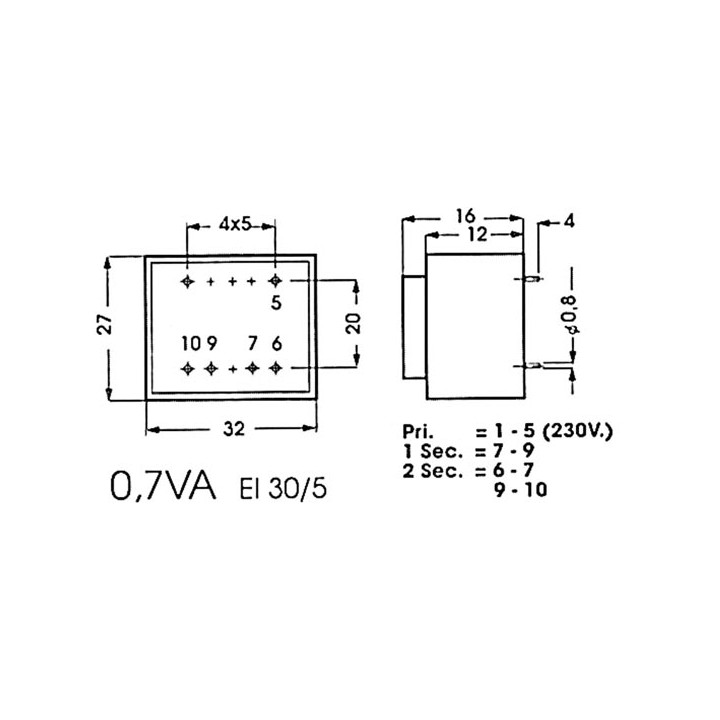 220V Transformator Form 0.7va 1 x 9V / 1 x 230v 240v 0.078a 1090007m velleman - 1