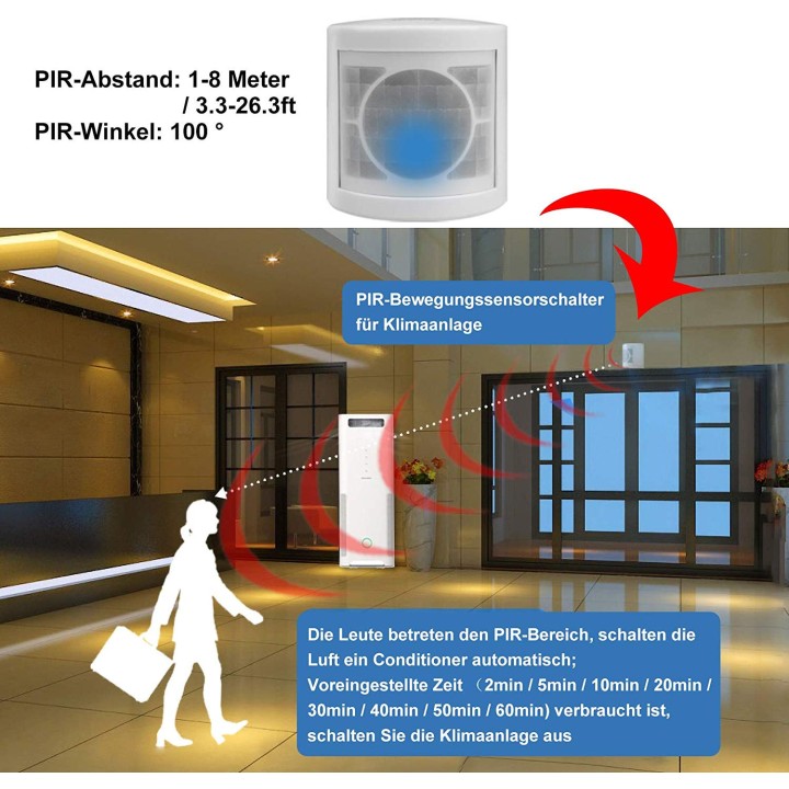 Universal DC 5V battery operated occupancy sensor Infrared PIR motion sensor remote for Air conditioner automatic control