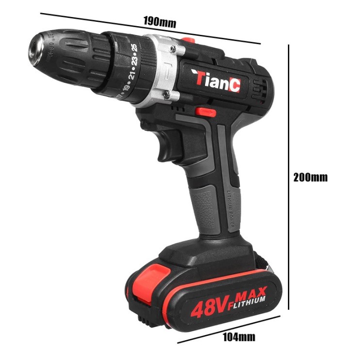 48V Cordless Electric Impact Drill Rechargeable Drill Screwdriver  2 Li-ion Battery 25-28Nm