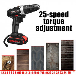48V Cordless Electric Impact Drill Rechargeable Drill Screwdriver  2 Li-ion Battery 25-28Nm