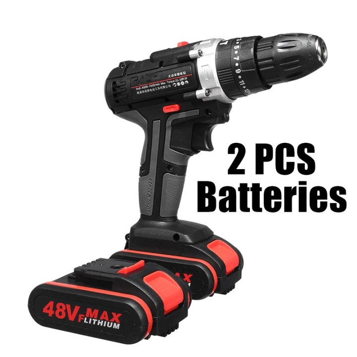 perceuse à percussion électrique sans fil 48V Tournevis rechargeable 2 batteries Li-ion 25-28 Nm