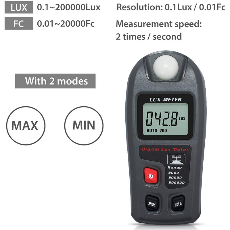 Medidor de Luz Digital Tester Medidor de Lux Iluminancia Fotómetro LCD de 0.1 a 100000Lux 