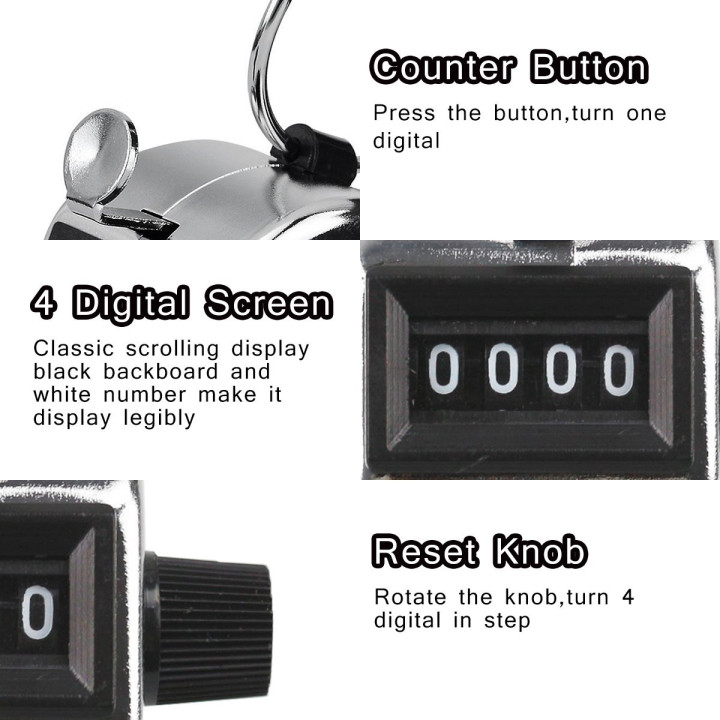 Chrome  Hand Held Tally Counter 4 Digit Mechanical Palm Clicker Counter jr international - 6