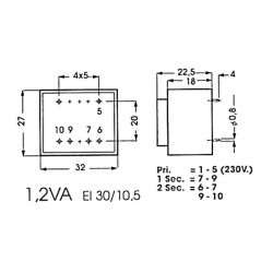 Encapsulated transformer 1.2va 1x9v 1.x0.133a 1090012m velleman - 1
