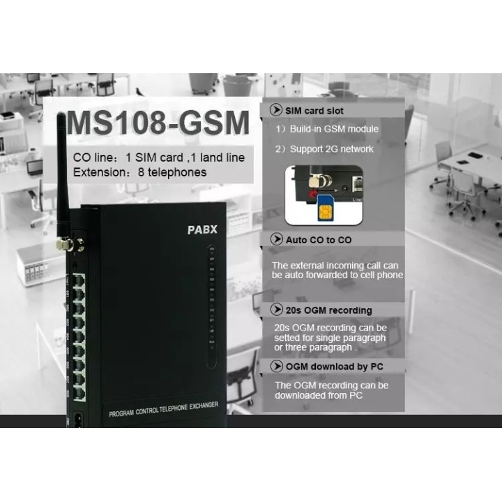 Central telefónica PBX MS108-GSM / Sistema PABX inalámbrico
