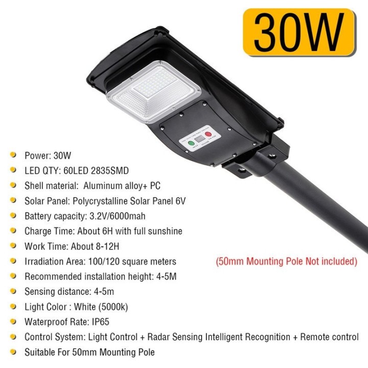 LED Street Light 30W Solar Radar PIR Motion Sensor Wall Lamp+Remote