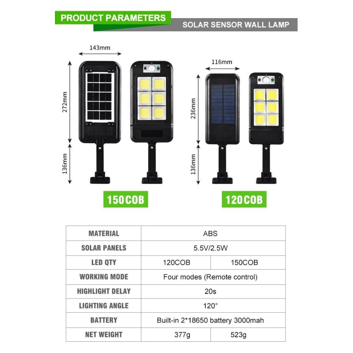 120COB Solar Wall Street Light Sensore di movimento PIR Lampade solari da esterno