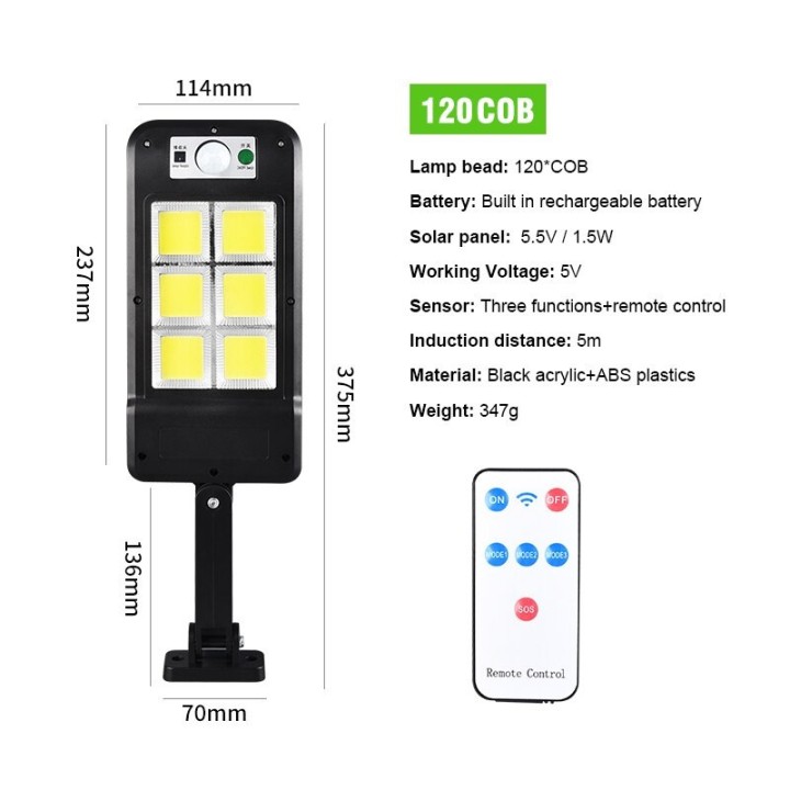 120COB Solar Wall Street Light Sensore di movimento PIR Lampade solari da esterno