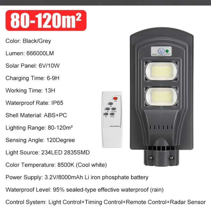 Solar street light 240w 234led 66600lm presence detector motion sensor waterproof ip65 battery