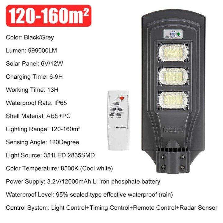 Luz de calle solar 360w 351led 99900lm detector de presencia sensor de movimiento impermeable ip65 batería