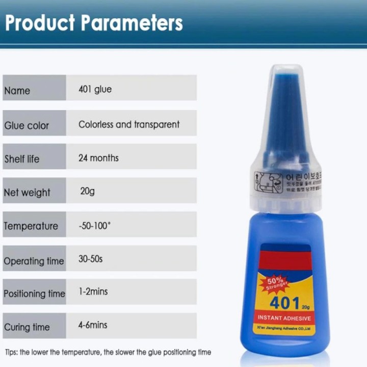 Instant glue 401 20gr transparent cyanoacrylate for plastic pvc leather wood ceramic