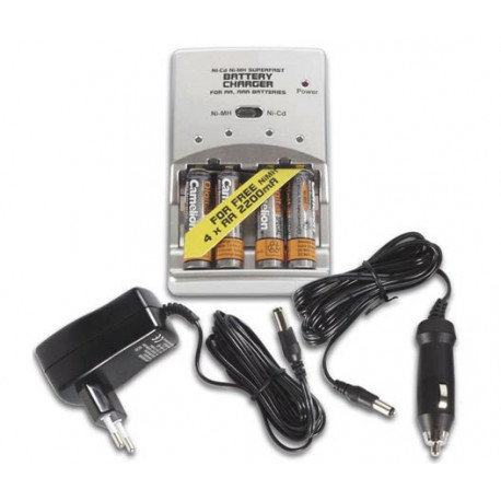 Ni mh superfast, charger for aa, aaa batteries, 4 ni mh aa 2200mah batteries included perel - 1