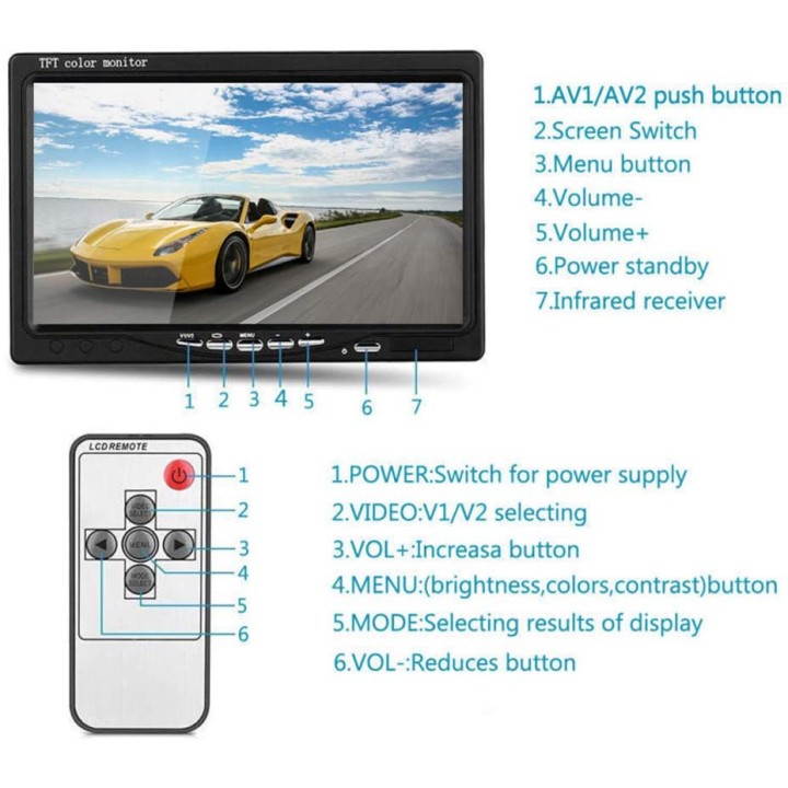 Camera video couleur 12V 24V + Moniteur video 7p 18cm 12v 24v + cable 10m bus camion auto