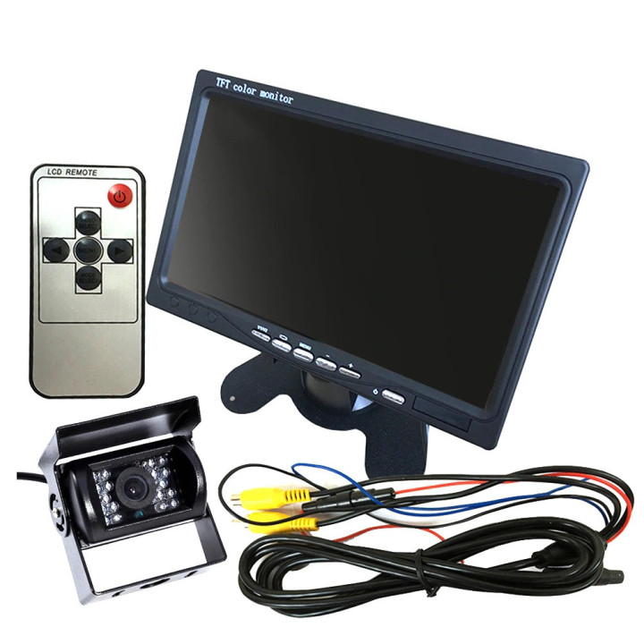 Camera video couleur 12V 24V + Moniteur video 7p 18cm 12v 24v + cable rca 6m bus camion auto
