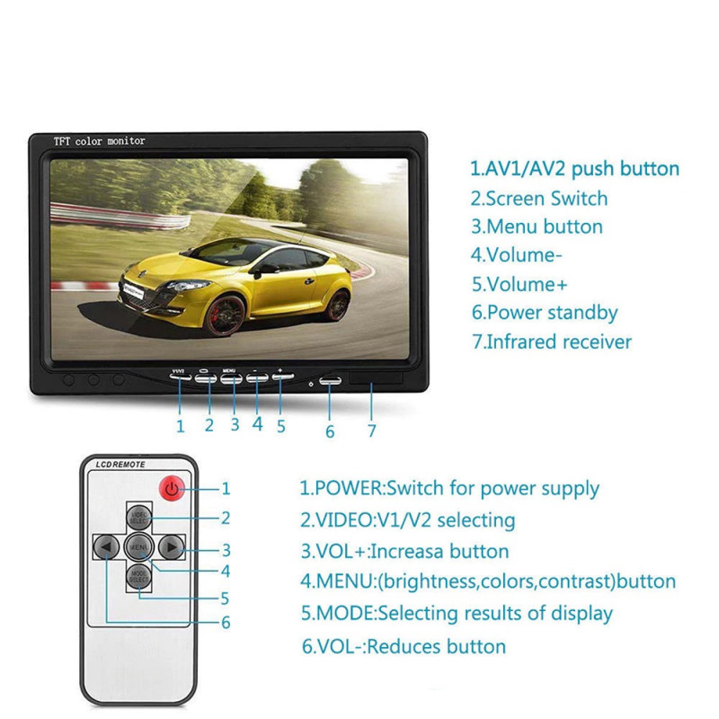 7 Inch 12V/24V Auto Car Monitor TFT LCD 