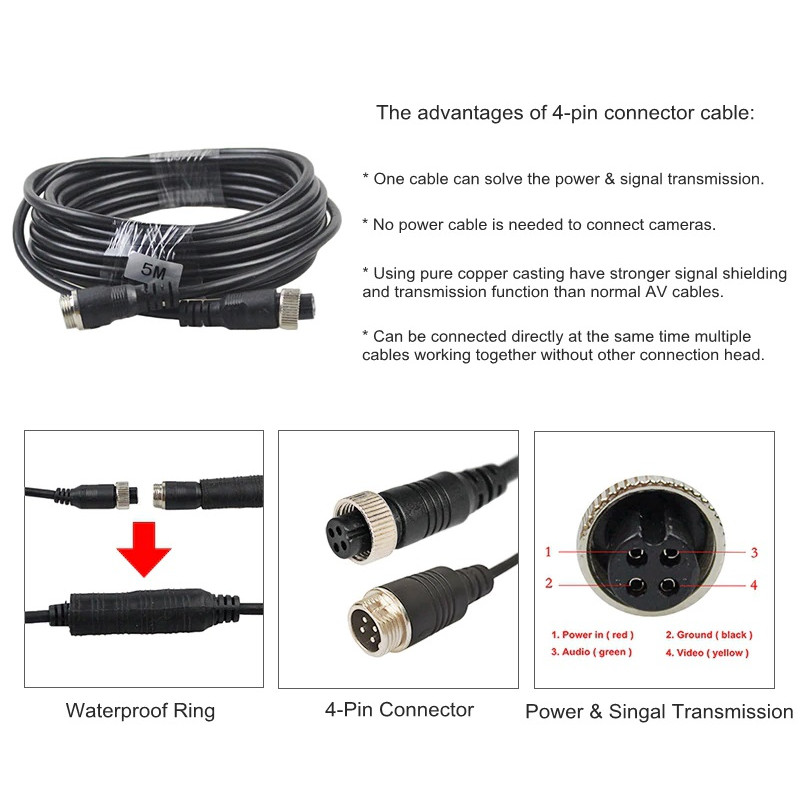4 PIN 5M REVERSE REVERSING MONITOR CAMERA REPLACEMENT EXTENSION CABLE