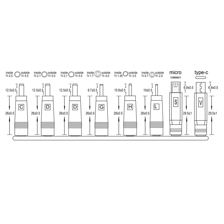 8 connettori universali PSS6E / PLUGS per connettore CC maschio 2,1 x 5,5 mm