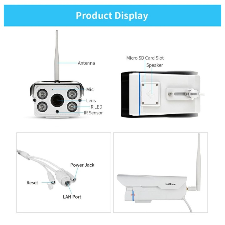 Camera Surveillance exterieure etanche IP Wifi 3mp Sricam SH027 Zoom x5 protocole ONVIF micro SD 64 GO