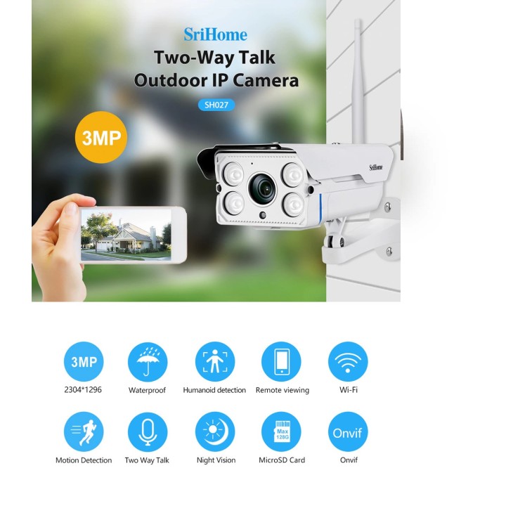 Telecamera di sorveglianza da esterno impermeabile IP Wifi 3mp Sricam SH027 Zoom x5 protocollo ONVIF micro SD 64 GB