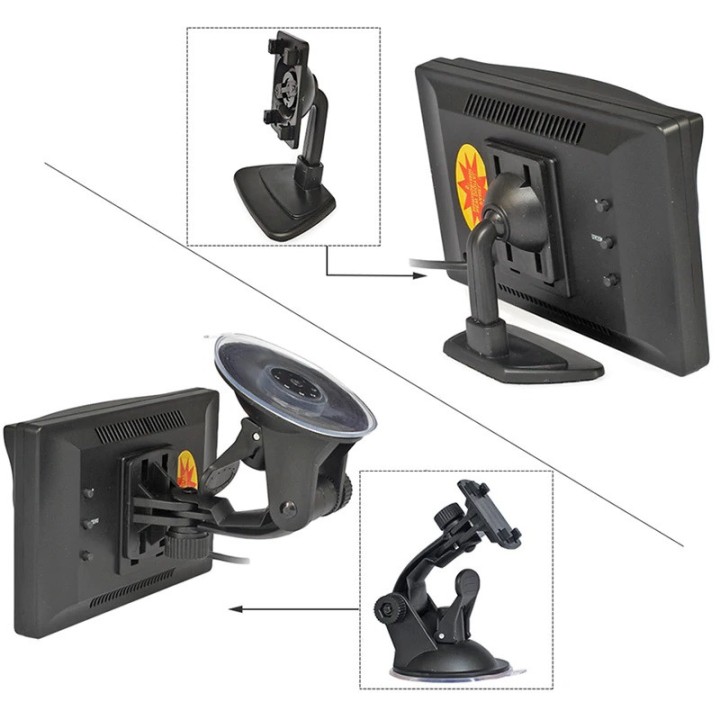 Moniteur video 12v 24v 4 pin 5 p 12.7cm couleur 2 entrées vidéo + Ventouse et Support  pour bus camion auto