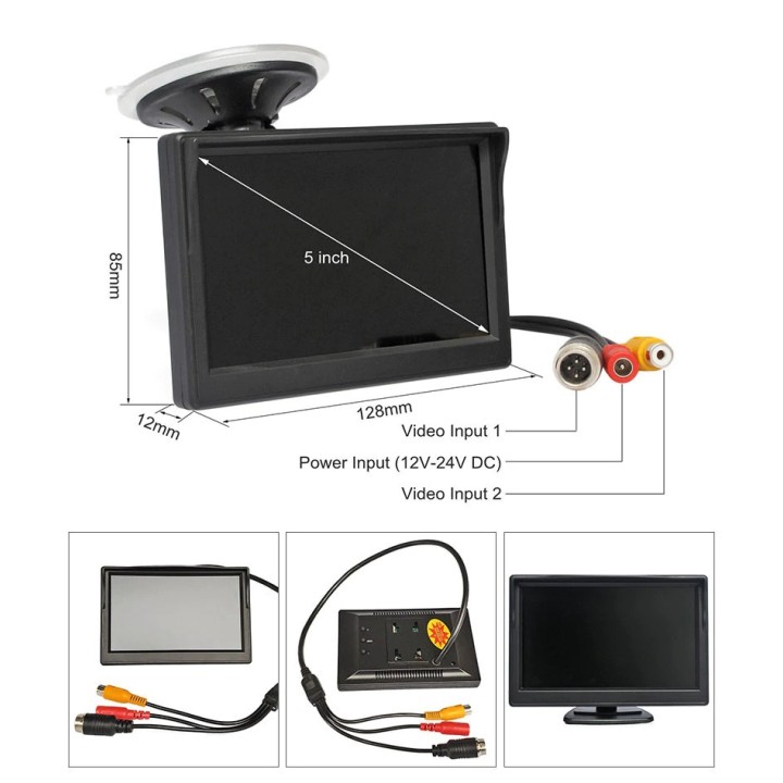 Moniteur video 12v 24v 4 pin 5 p 12.7cm couleur 2 entrées vidéo + Ventouse et Support  pour bus camion auto