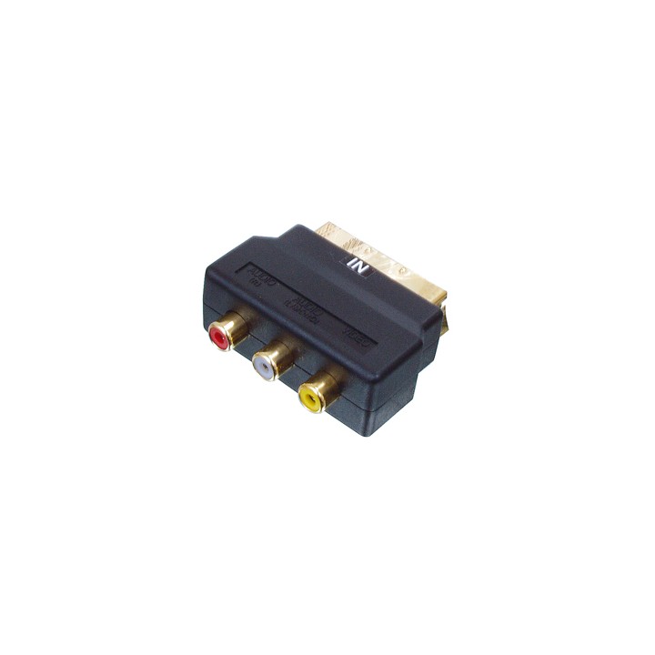 Adaptador peritel macho hacia 3 rca hembras audio video in chapado en oro negro caja plastica scart50 konig - 1
