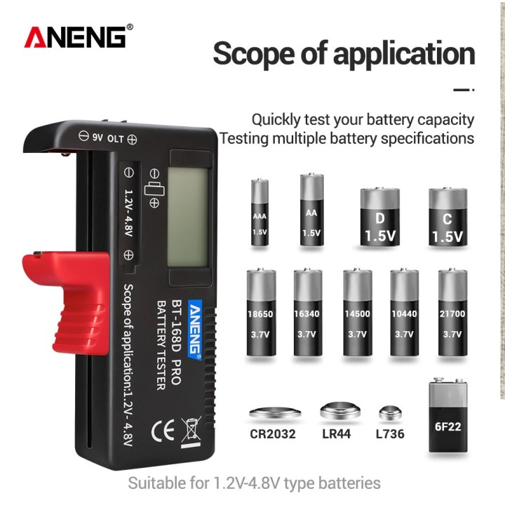 Testeur de piles aaa (lr3), aa (lr6), c (lr14), d (lr20), 9v et piles bouton BT-168D