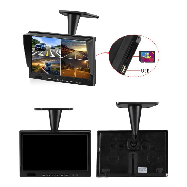 Monitor quad-vision da 10 pollici e 26 cm + 4 telecamere 12v 24v 4 pin + 3 cavi da 5 m + 1 cavo da 20 m