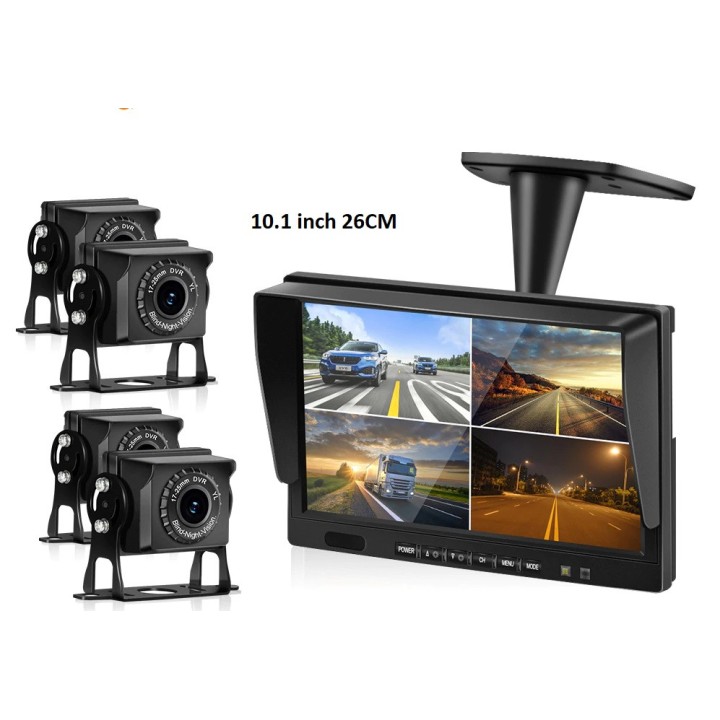 Monitor cuádruple de 10 pulgadas y 26 cm + 4 cámaras de 12 v 24 v 4 pines + 3 cables de 5 m + 1 cable de 20 m