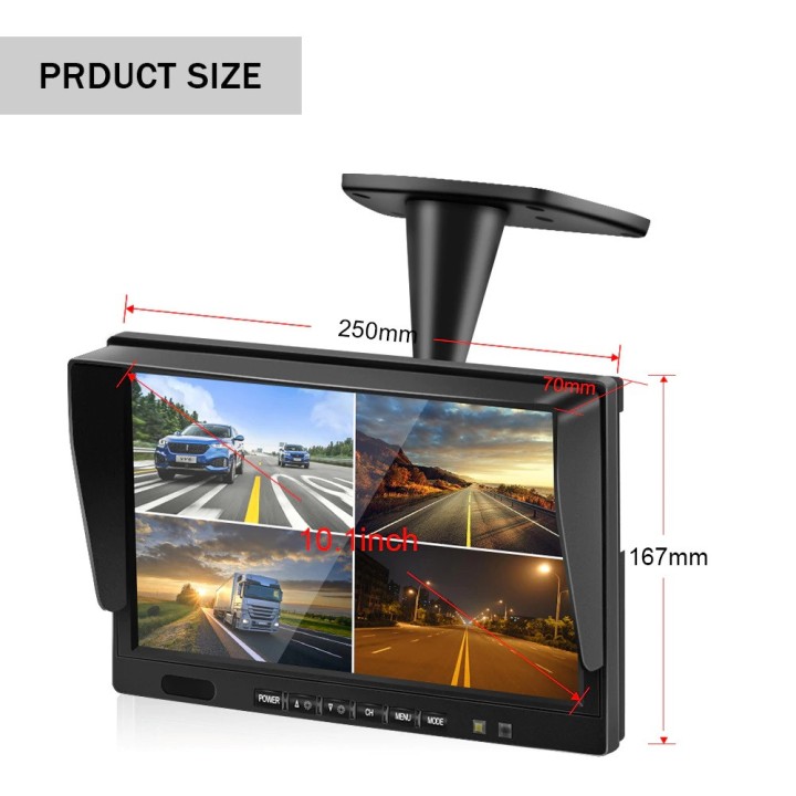 10 inch 26cm quad-vision monitor + 4 12v 24v 4 pin cameras + 3 5m cords + 1 20m cord