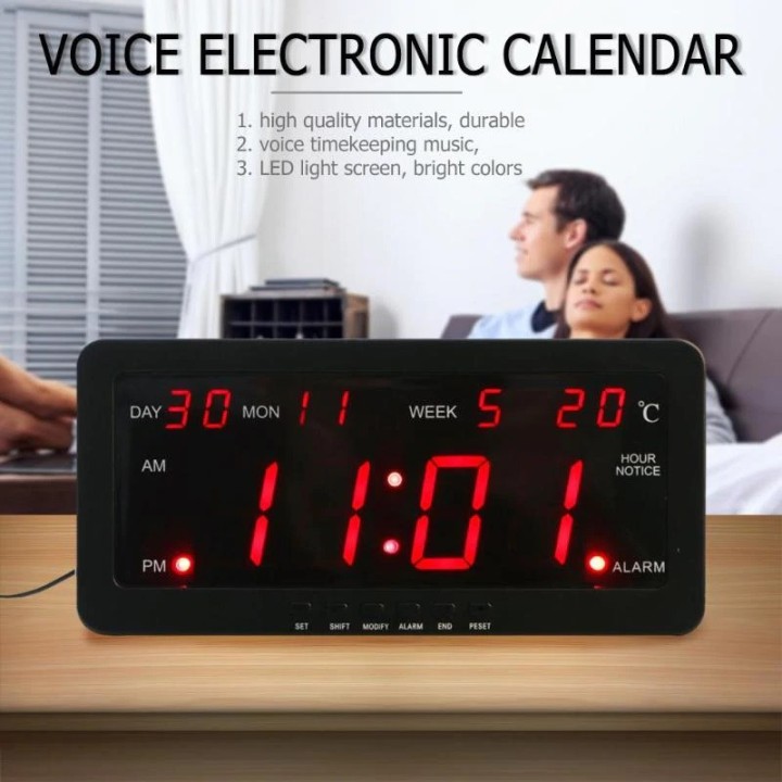 Red led calendar wall clock 220v 29x12x5cm large display time day year temperature voice control
