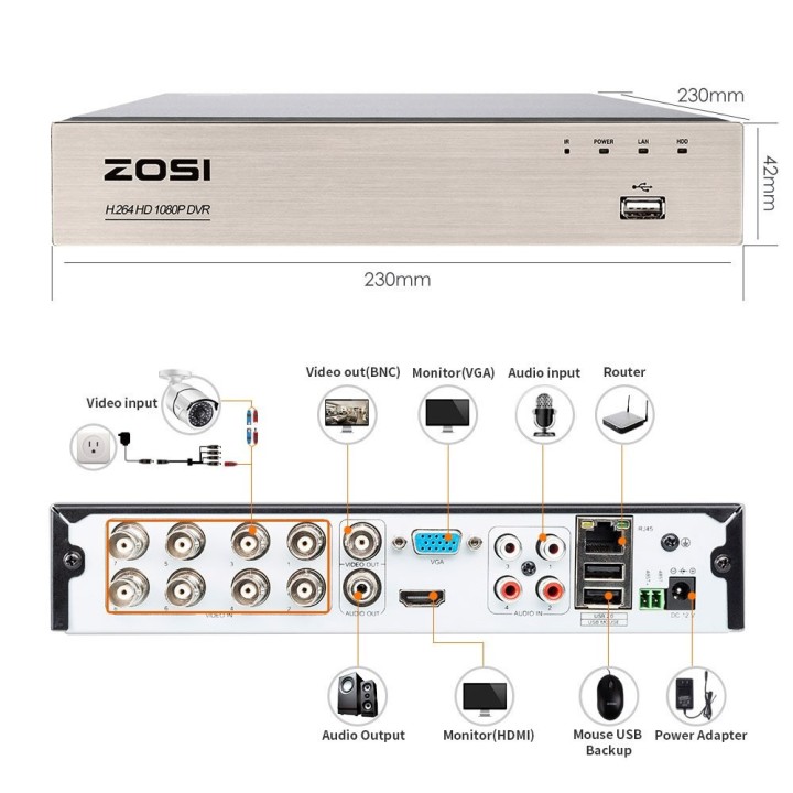 Sistema de videovigilancia TVI DVR 8 canales + disco duro + 8 cámaras de vigilancia 1080p 2.0MP cable