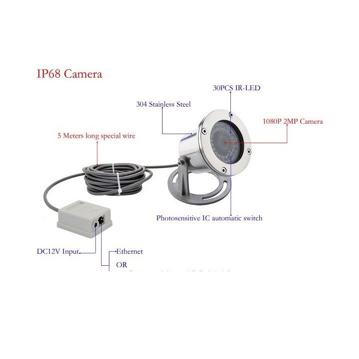 Cámara de video en red IP POE subacuática de 12v, acero inoxidable 1080P, acceso a múltiples navegadores 150Kpa
